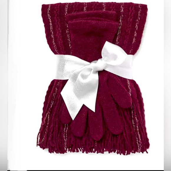 NEW YORK & COMPANY 2-PIECE CABLE KNIT SCARF & GLOVES - WINE (NEW WITH TAGS) - Picture 1 of 3
